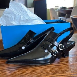 Fluevog Black Patent Leather Slingback Heels